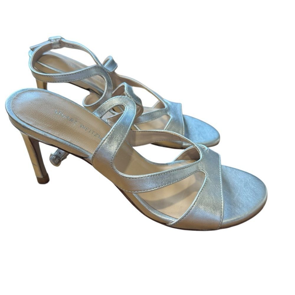Revolve Stuart Weitzman Mariposa Silver Leather Sandals Heels NWOT - Picture 3 of 10
